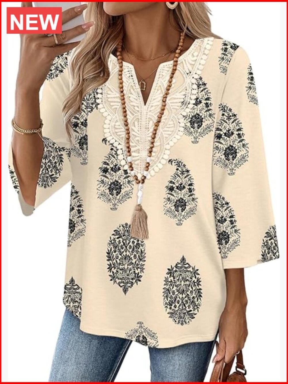 Cream Embroidered V-Neck Tunic with Black Medallion Print